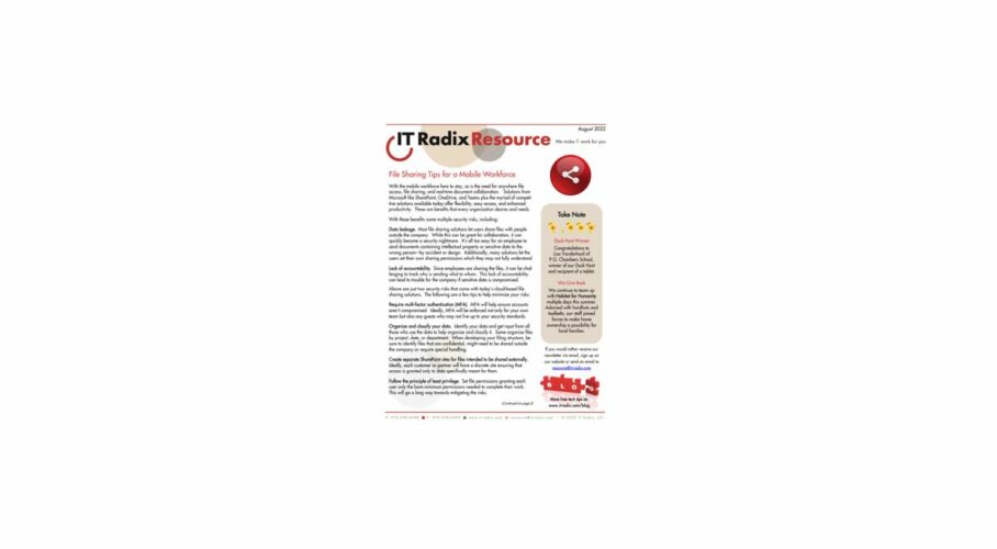 The August 2022 IT Radix newsletter focuses on: File sharing tips for mobile workforce