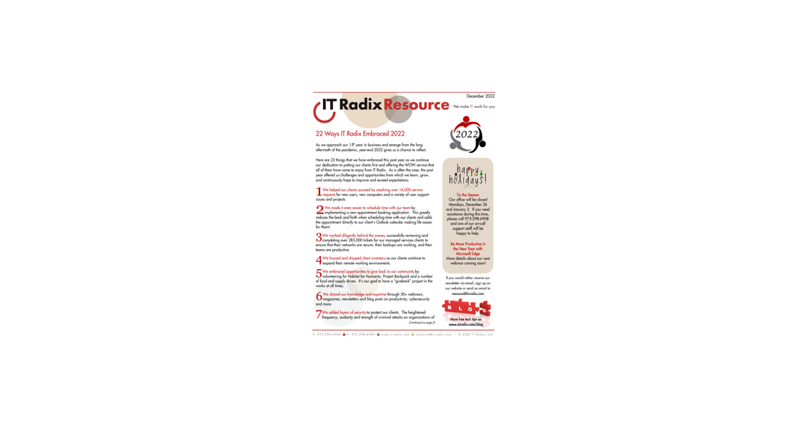The December 2022 IT Radix newsletter focuses on: 22 ways IT Radix embraced 2022 and how to avoid getting reeled in by phishing.